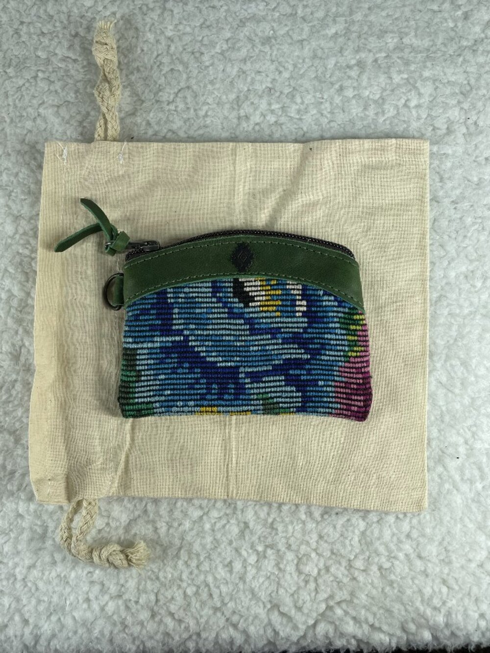Nena & Co. Handmade Wallet Leather & Ikat Green & Blue Zippered EXCELLENT